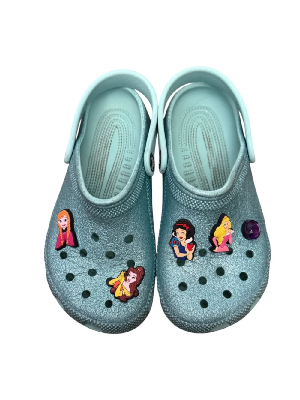 Blue Turquoise Sparkle Glitter Crocs with Added Disney Princess Jibbitz Charms G